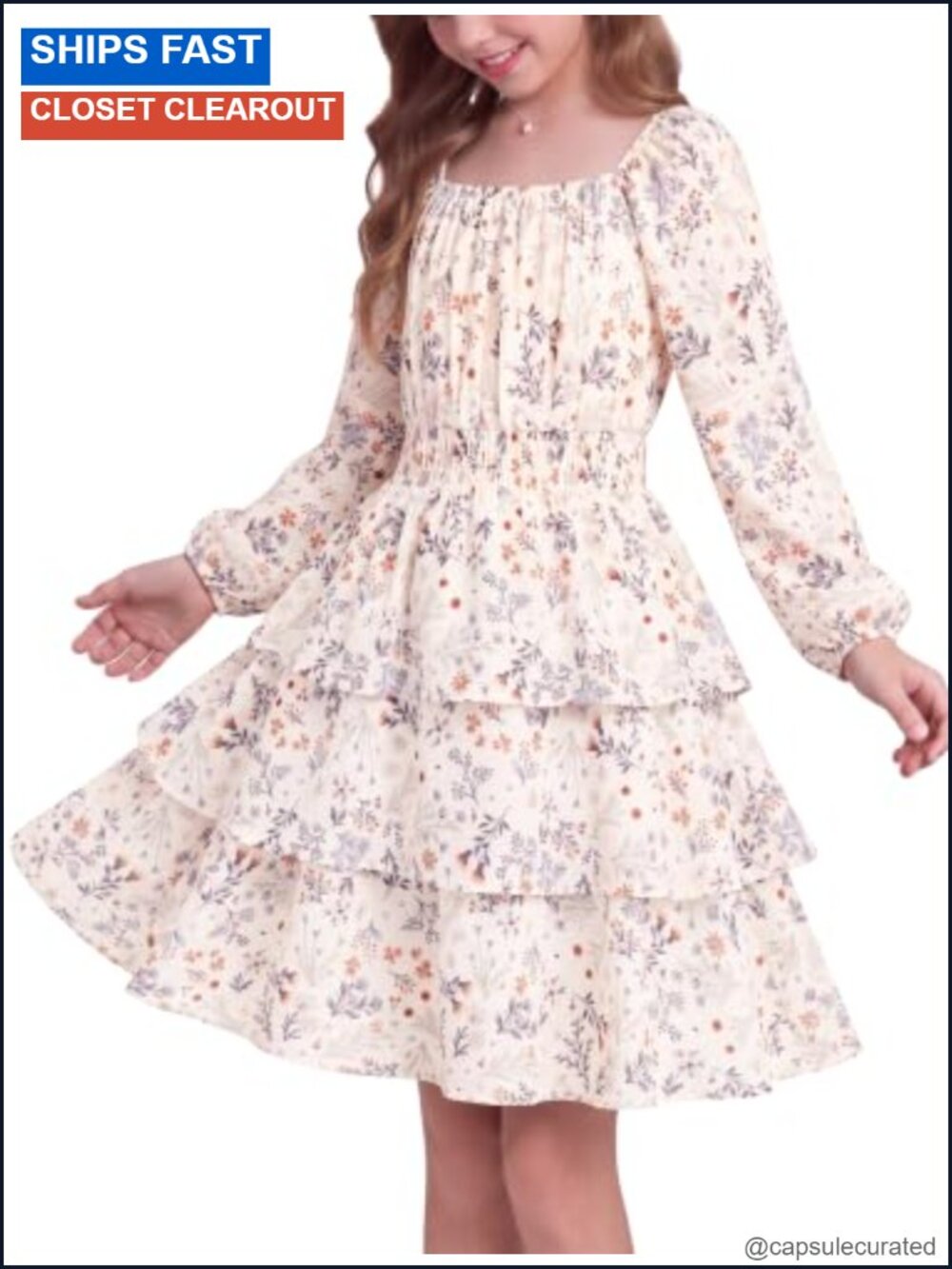 Girls Long Sleeve Floral Dress Smocked Waist Square Neck Twirl Party